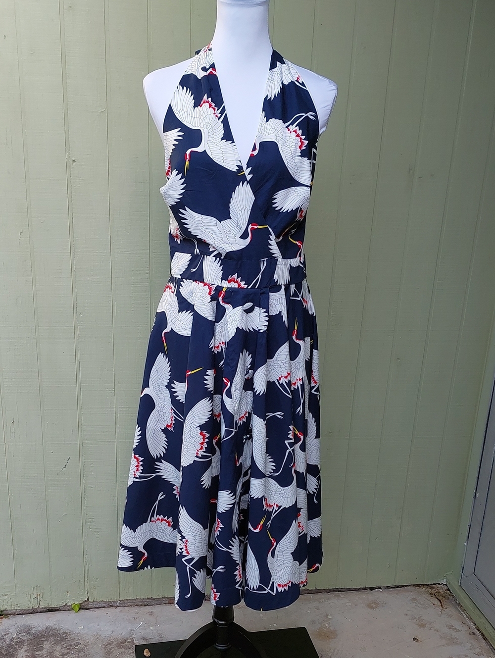 Unique Vintage Halter Crane Button Navy White Midi Dress Sz L - Picture 4 of 15